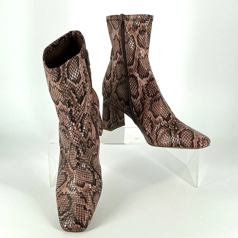Steve Madden Size 9 Snakeskin‎ Print Ankle Boots Square Toe Block Heel Brown Tan